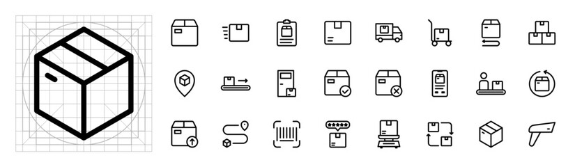 Delivery and Logistics Line Icons Set. Thin line vector illustration of cargo transportation, shipping truck, package, courier, warehouse, supply chain, and freight service outline pictogram