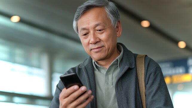 Senior man using smartphone at airport waiting area during afternoon travel - Powered by Adobe