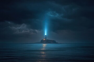 Luminous lighthouse on a dark isle.  A solitary, dark rocky island in a dark ocean at night, illuminated by a strong beam of light from its lighthouse.  Dark clouds loom above