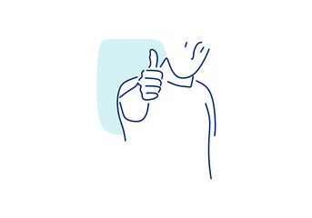  line art illustration of a person giving a thumbs up with a light blue background. 