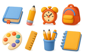 Colorful 3d school supplies collection featuring notebooks, backpack, and art tools