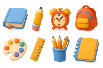 Colorful 3d school supplies collection featuring notebooks, backpack, and art tools