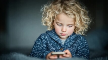 Close Up Portrait of a Focused Young Boy with Blonde Curly Hair Using a Smartphone Wearing a Blue Wool Sweater in Indoor Setting