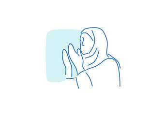  line art illustration of a Muslim woman wearing a hijab, holding her hands in prayer. 