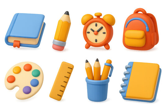 Colorful 3d school supplies collection featuring notebooks, backpack, and art tools