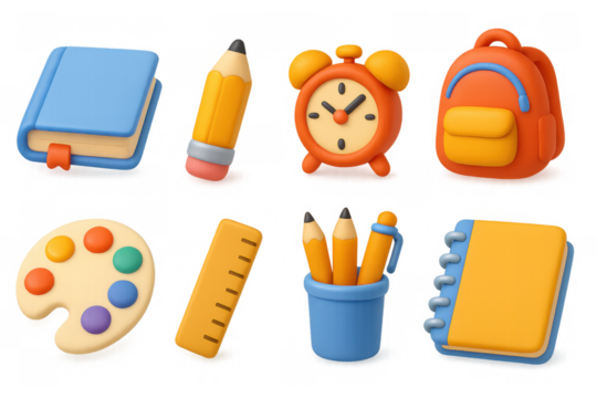 Colorful 3d school supplies collection featuring notebooks, backpack, and art tools