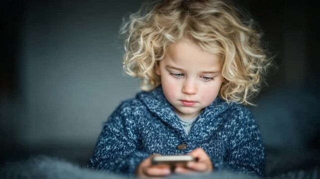 Close Up Portrait of a Focused Young Boy with Blonde Curly Hair Using a Smartphone Wearing a Blue Wool Sweater in Indoor Setting