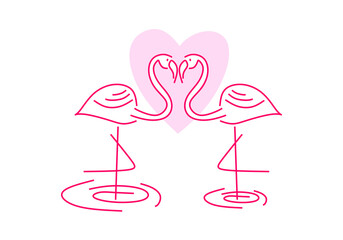  line art illustration of a pink flamingo standing in water with a soft pink background. 