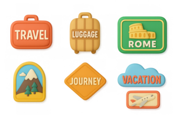 Colorful travel and vacation icons featuring luggage and landmark symbols