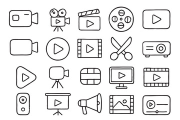 Hand drawn video and film icons on white background