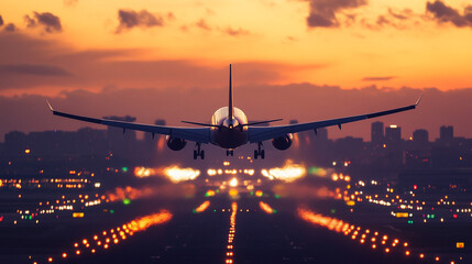 plane landing with sunset and blur city light