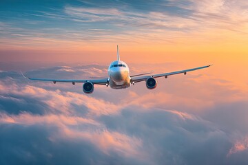 Jetliner soars through a colorful sunset sky above clouds