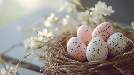 Fototapeta premium Pastel speckled Easter eggs in a bird's nest with spring blossoms.
