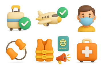 Travel essentials set: 3d icons of luggage, airplane, mask, passport, and more