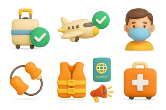Travel essentials set: 3d icons of luggage, airplane, mask, passport, and more
