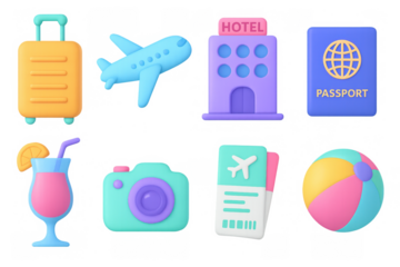 3d travel icons set: airplane, hotel, and more adventure essentials