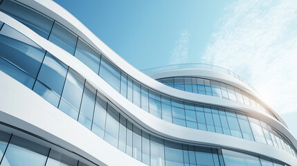 The facade of a modern curved building reflects the clear blue sky