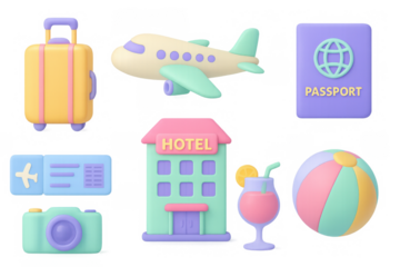 Pastel travel icons set featuring luggage, airplane, passport, and more