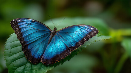 A blue butterfly is sitting on a leaf