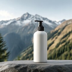White pump bottle on stone, mountain backdrop