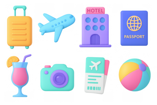 3d travel icons set: airplane, hotel, and more adventure essentials - Powered by Adobe