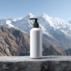 Blank plastic bottle, pump top, sits on stone ledge against snowy mountain backdrop