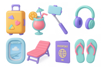 Colorful 3d travel icons set featuring luggage, headphones, and passport for vacation planning