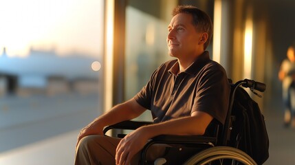 Man in wheelchair enjoys sunset at modern airport terminal while waiting for flight