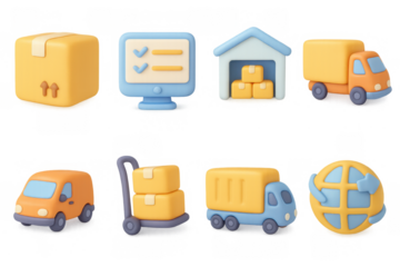 3d logistics icons set featuring delivery, warehouse, and carton graphics for modern applications