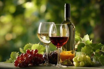 Wine glasses and bottle with grapes, outdoors