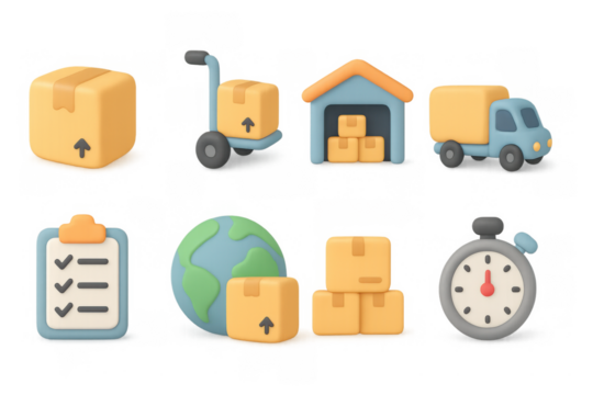 3d logistics icons set featuring carton boxes, warehouse, and delivery truck
