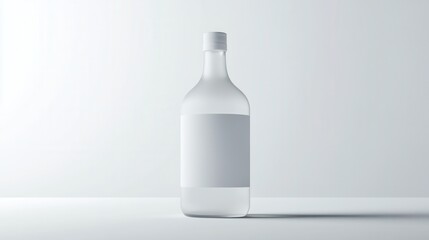 bottle packaging mockup, sleek frosted glass with blank label area, soft subtle lighting on white background