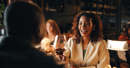 Woman, wine glass and toast on date at restaurant with partner, bonding and relationship goals....