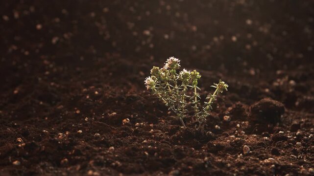 Great home garden. Bush of flowering thyme in the rays of light. Spice. Seasoning. Greenery. Vegetarianism. Cellulose. Vitamins