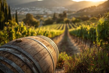 Wooden wine barrel in vineyard at sunset