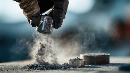 Gloved Hand Handling Fine Powder in Workshop