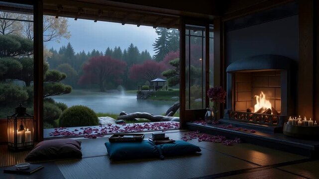 A room with a fireplace and a view of a pond