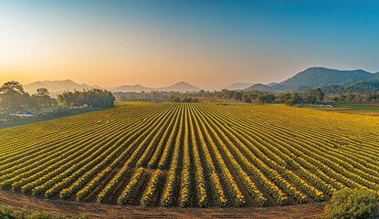 Panoramic view of a sunflower field at sunrise.  Rows stretch to horizon