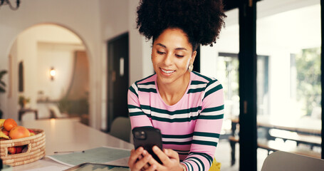 Woman, phone and documents with remote work from home, finance and happy for investment deal....