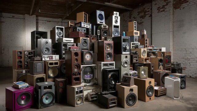 A large pile of speakers sitting on top of each other in a room