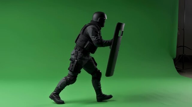Tactical security guard in uniform with helmet and shield crouching and moving on green screen for military defense footage.