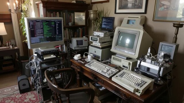 A desk with a bunch of old computers on it