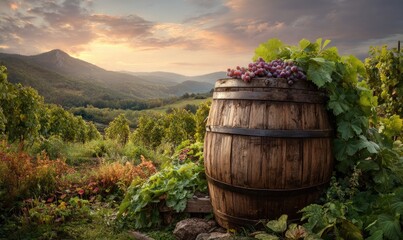Wooden barrel atop a hill, filled with grapes, overlooking vineyards at sunset