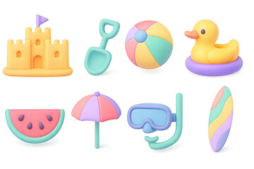 Colorful summer beach toys and essentials: 3d icons for vacation fun