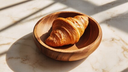 Golden croissant in wooden bowl, sunlit marble