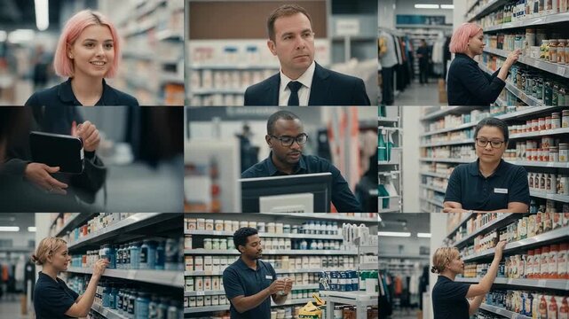 Supermarket staff working in store aisles. Retail employees restocking shelves and assisting customers. Grocery store management and operations video footage