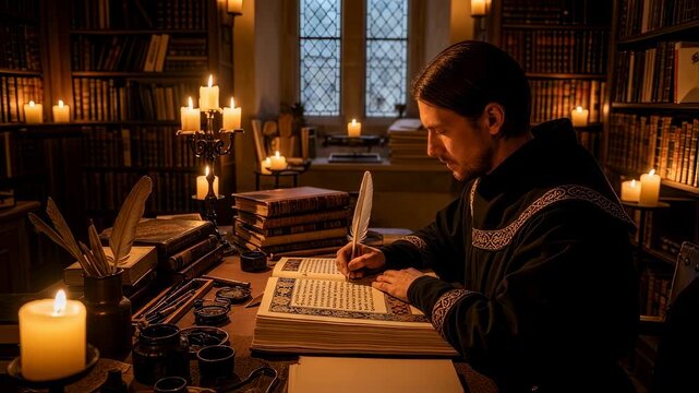 Medieval scholar writing by candlelight in ancient library. Man studying old manuscripts. Historical reenactment, education concept. Gothic interior with books and quill pen.