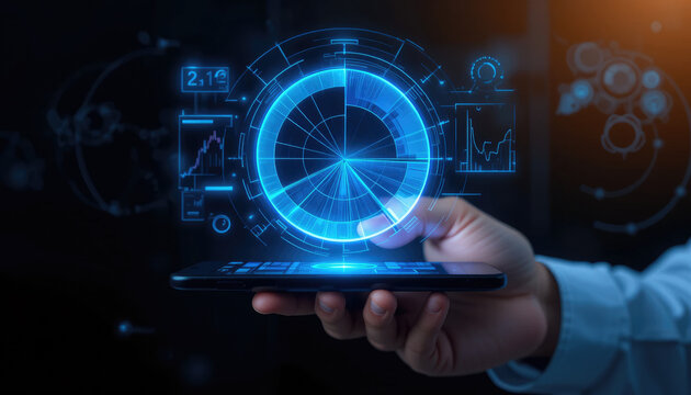 Business woman interacting with virtual touchscreen interface and pushing a button