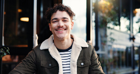 Portrait, happy freelancer and man at coffee shop as customer or creative copywriter with...