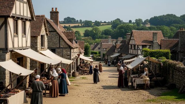 Medieval village street scene with actors in period costumes. Historical reenactment of daily life in Tudor era England. Educational tourism and living history concept.